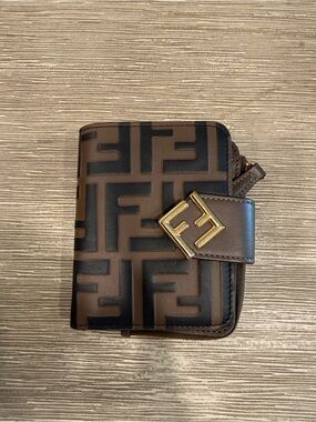 Fendi Brown & Black FF Monogram Compact Wallet with Gold Accent